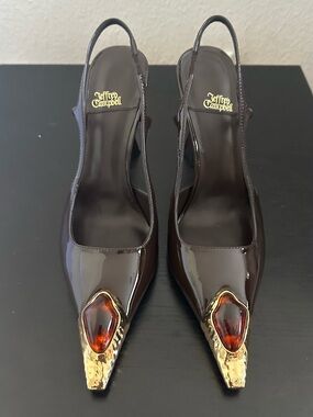Jeffrey Campbell Dark Brown Patent Slingback Pumps with Gold & Amber Accent